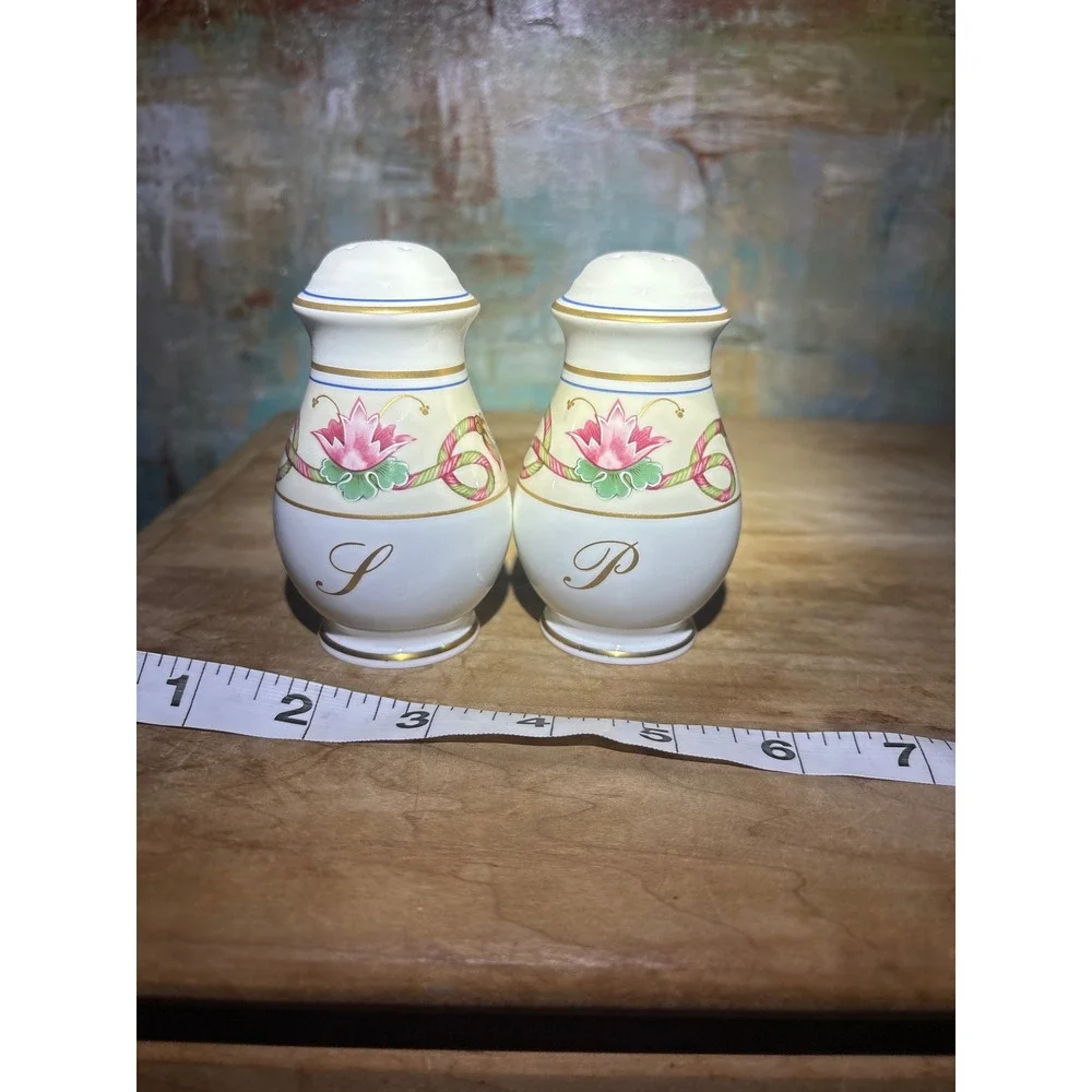 Floral Porcelain Salt and Pepper Shaker Set Gold Trim Pink Lotus Baluster Style
